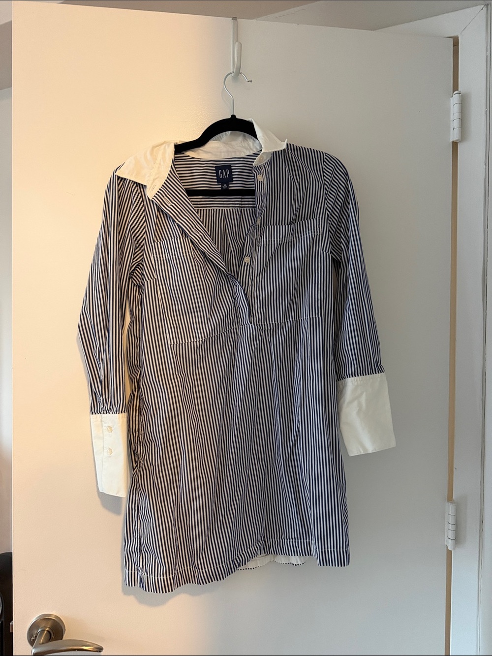 GAP Navy and White Stripe Button-Down Dress with White Collar & Cuffs